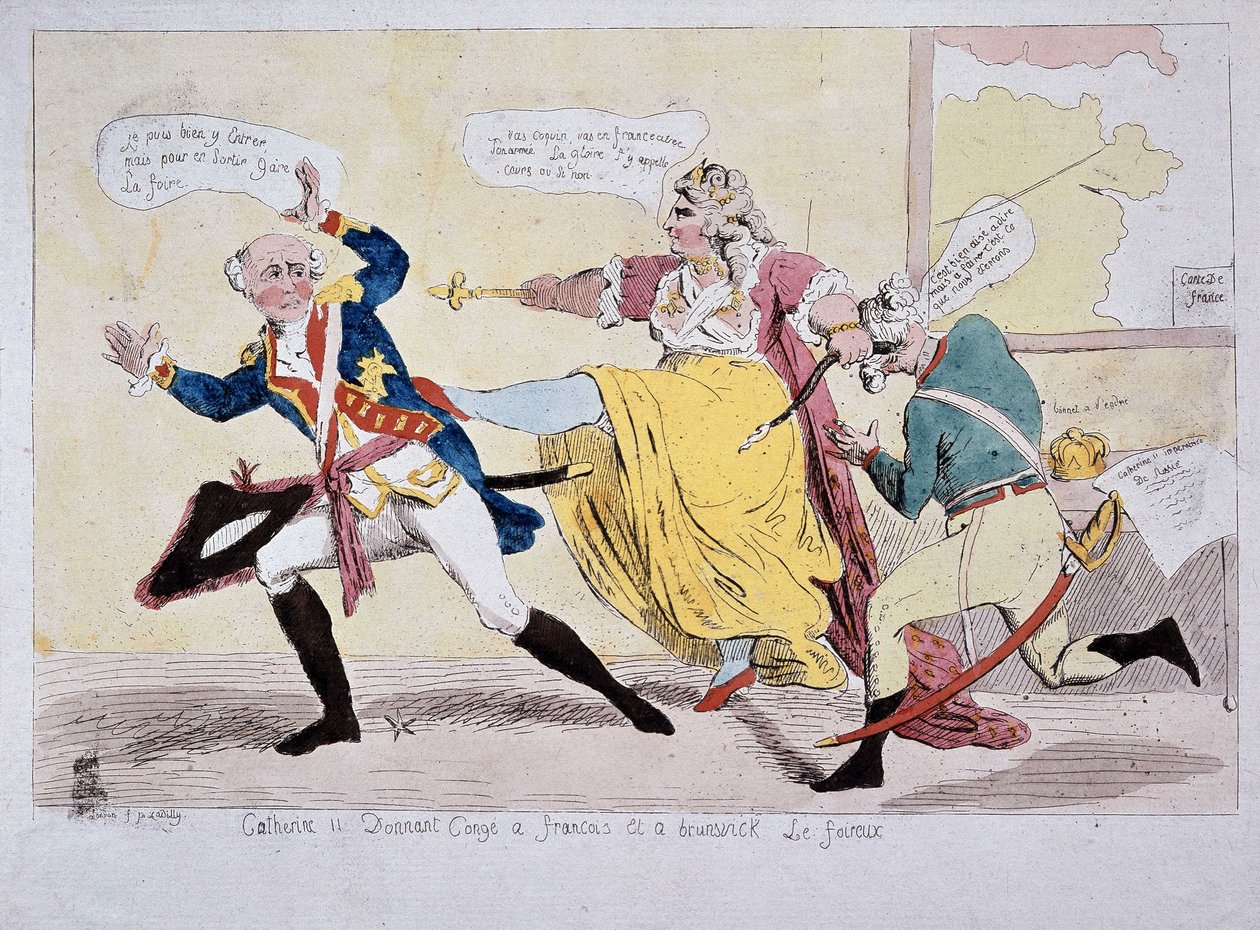 Catherine-II gir permisjon til François og Brunswick the Foireux, karikatur, sent på 1700-tallet av Unknown artist