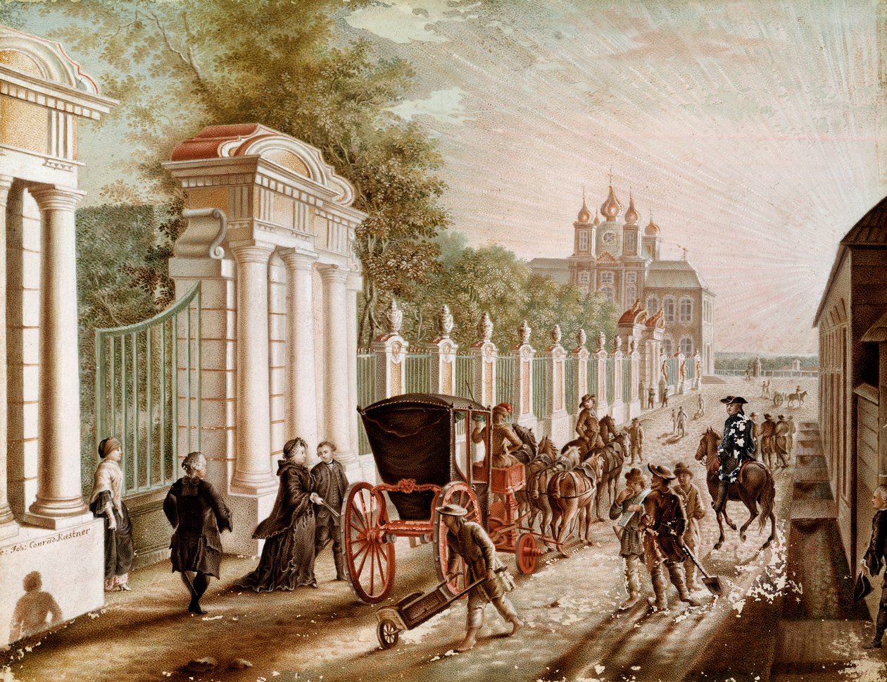 Catherine II eller Catherine Alexeievna (1729-1782) forlot Peterhof-palasset før de ble kronet til Imperator i 1762. Litografi fra slutten av 1700-tallet. St. Petersburg. Chateau De Peterhof av Unknown artist