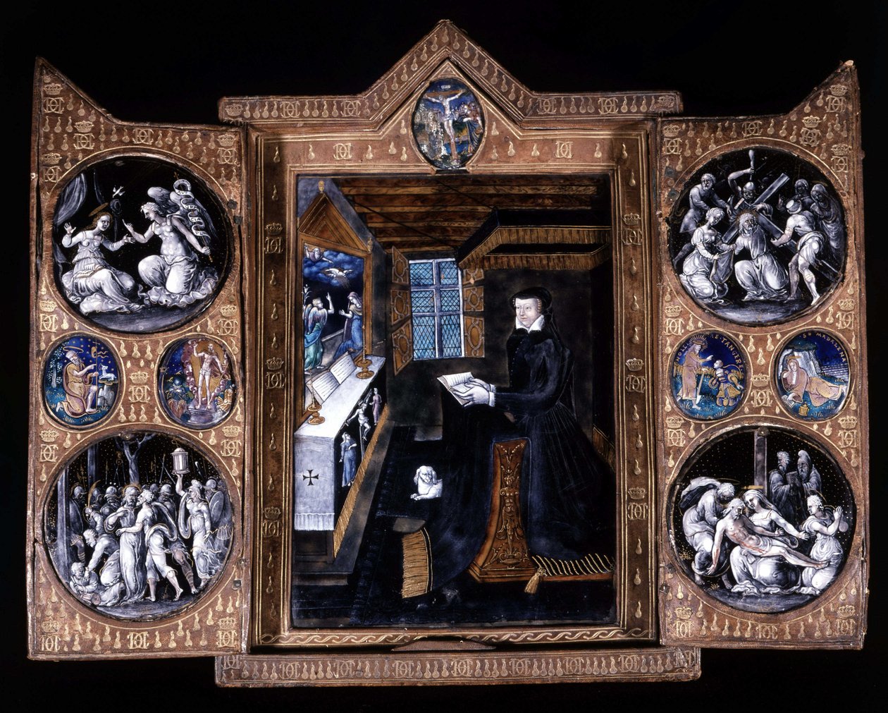 Catherine de Medici (Caterina de Medici) (1519-1589) i bønn - triptyk e-post og lær av Unknown artist