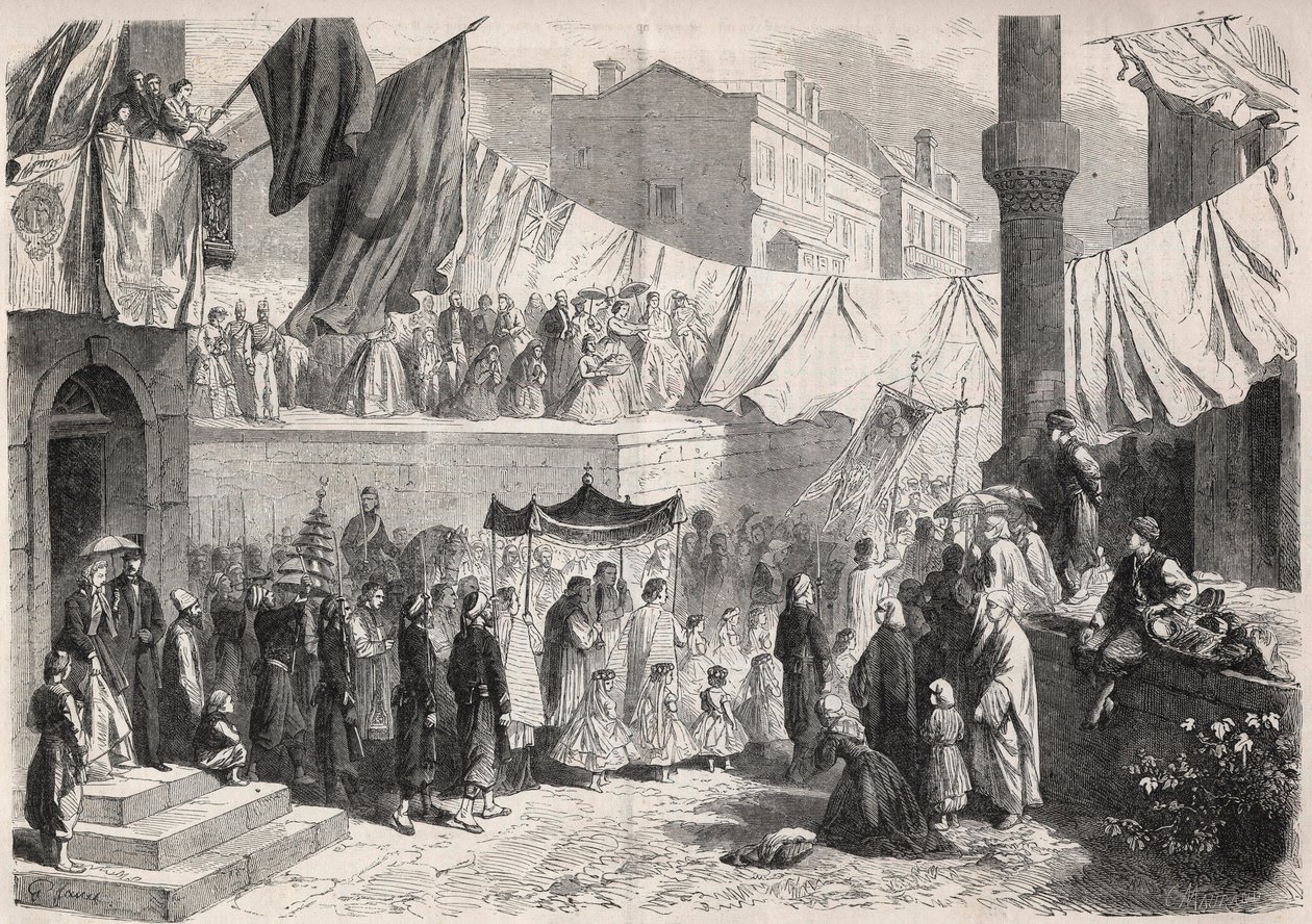 Katolsk prosesjon i gatene i Konstantinopel i anledning Fete Dieu (Fete-Dieu) - Gravering i "" The Illustrous World"" av Unknown artist