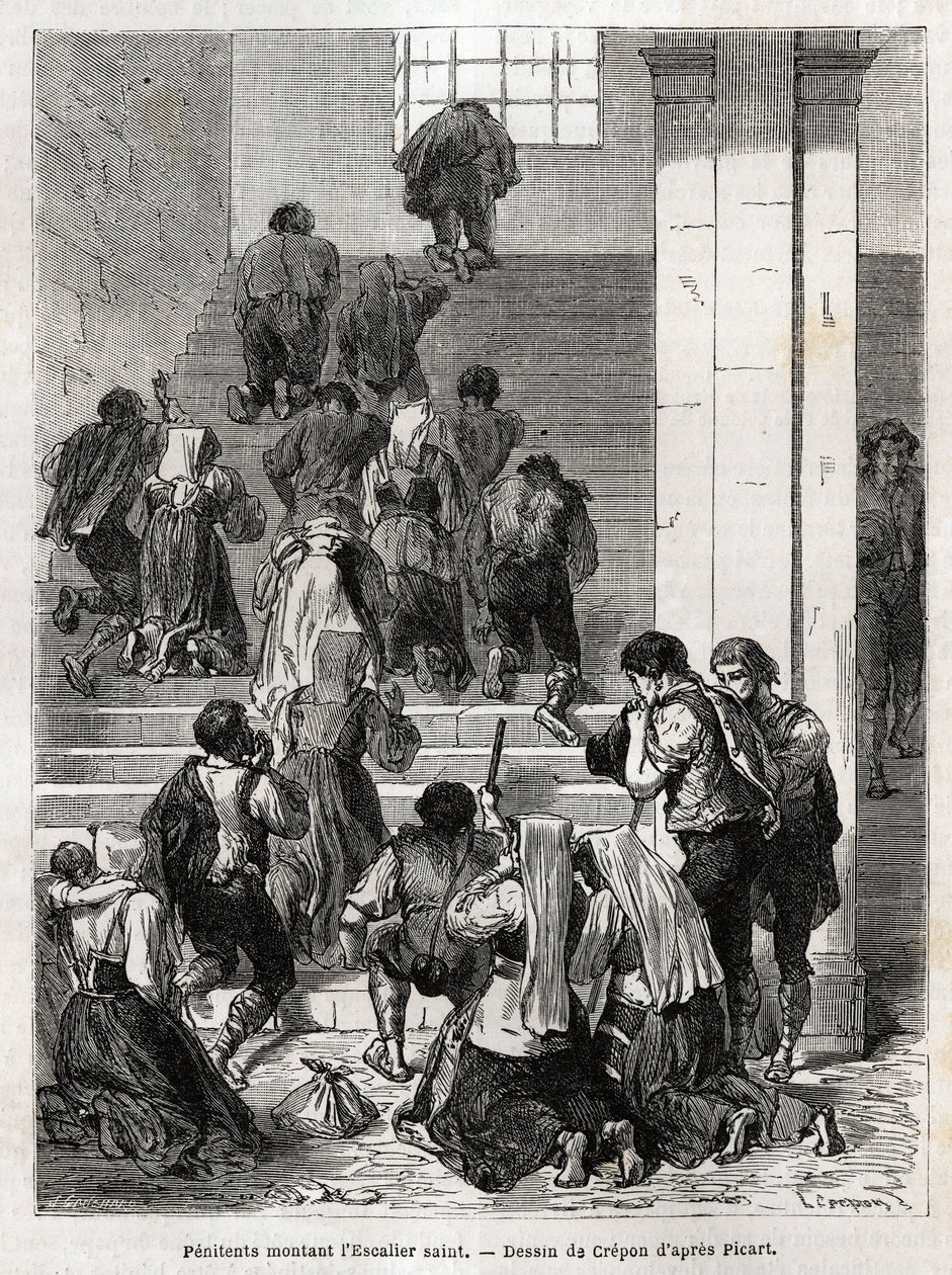 Katolske angrende som går opp den hellige trappen til Roma. Gravering for å illustrere historien om Ludovic Celler; den hellige uke i Roma av Unknown artist