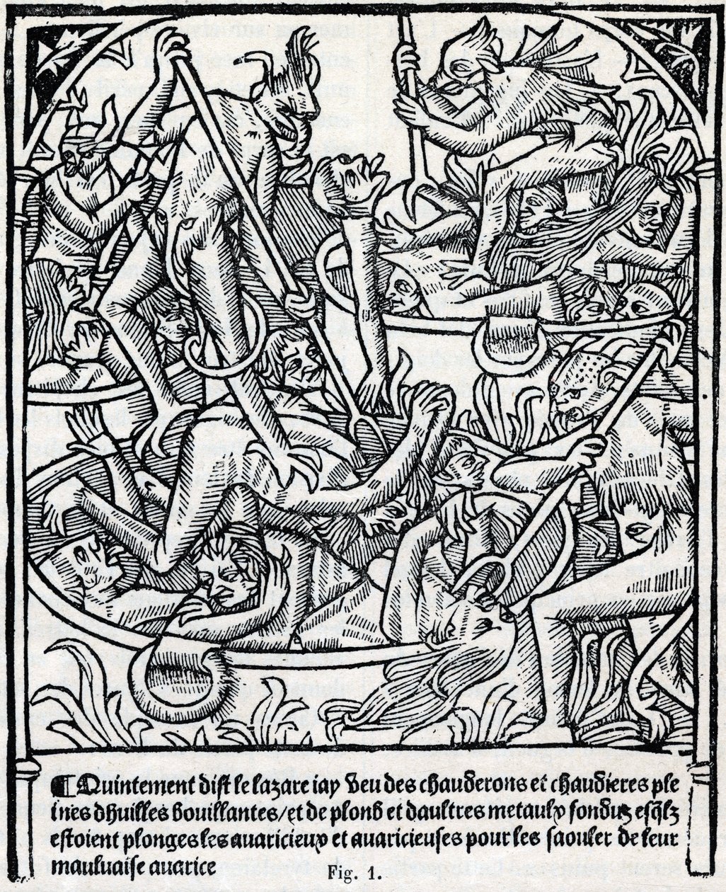Cauldrons full of boiling oil and lead into which devils plunge the greedy to get them drunk with their bad greed description of Lazarus of hell. Fac simile du “Calendrier des Bergers”” prophetique almanach printed by Claude Nourry in 1504 for Jacques Hugu av Unknown artist