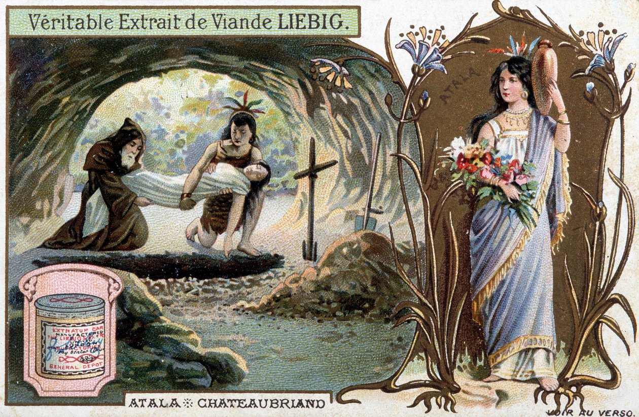 Chactas og far Aubry begraver Atala og portrett av heltinnen - Scene de Atala eller Les Amours de deux savages dans le desert, av Francois Rene de Chateaubriand (1768-1848) - Liebig-kromolitografi av Unknown artist