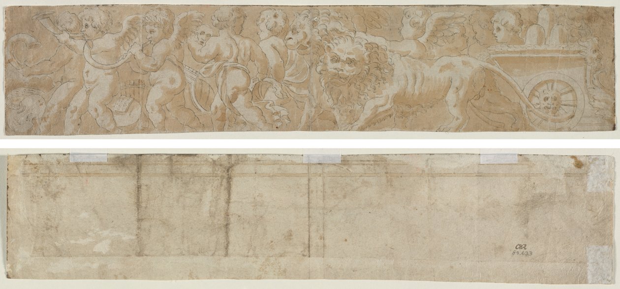 Vogn tegnet av Lions med Amorini (recto) Delvis arkitektonisk studie (verso) av Unknown artist