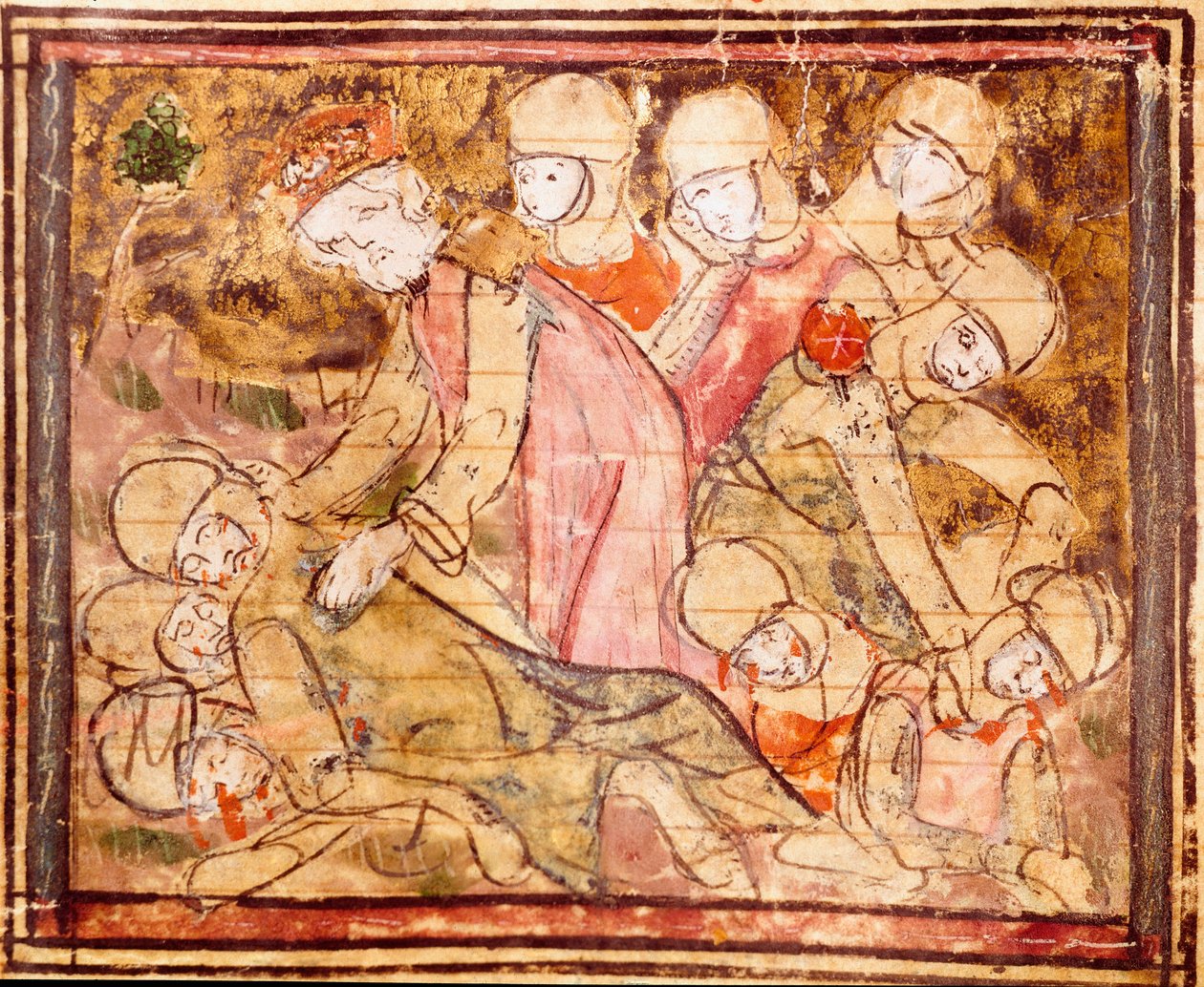 Charlemagne (742-814) finner liket av nevøen Roland som døde i slaget ved Roncesvaux Miniature fra "" Grandes Chronicles de France"" 1375-1379 kommunale bibliotek, Castres av Unknown artist