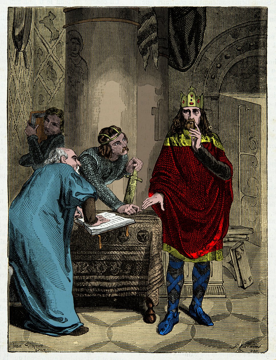 Karl den Store dikterer kapitularene til sin minister Alcuin (732-804), gravering fra 1800-tallet av Unknown artist