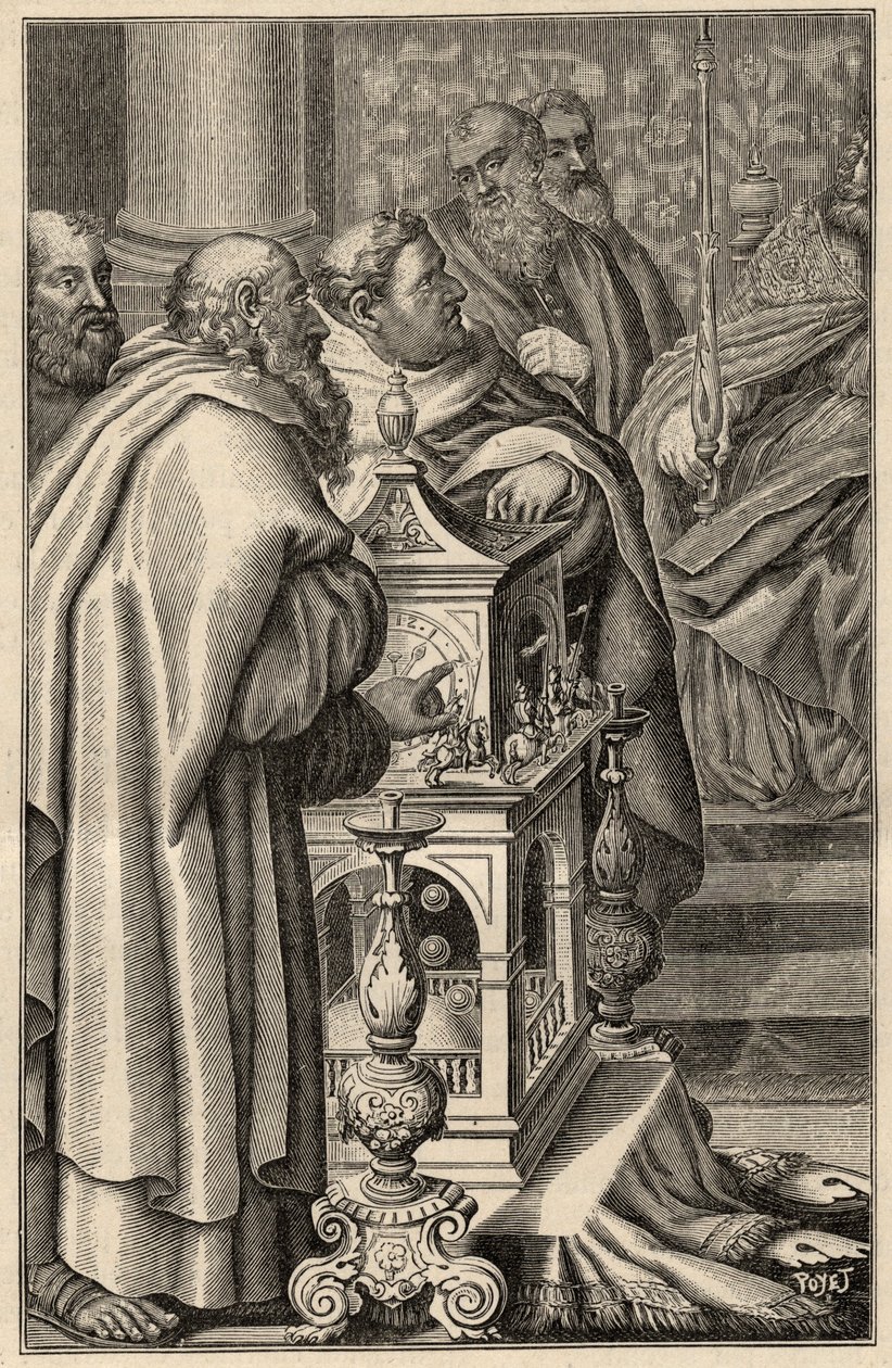 Charlemagne mottar gave av en clepsydra (vannklokke) fra Harun al-Rashid - I 797 tilbyr kalifen i Bagdad, Haroun ar-Rachid (765-809) Charlemagne en clepsydra (vannklokke, tidsmåling) som er emblematisk for den teknologiske kunnskapen- hvordan med arabisk c av Unknown artist