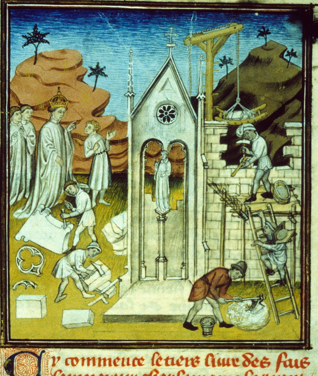Karl den Store besøker byggeplassen til en katedral - Belysning av manuskript på velin fra middelalderen "Great Chronicles of Saint-Denis" sent på 1300-tallet (ref. 512, 096r) Forespørsel om tillatelse til kommunalbiblioteket i Toulouse (tlf: 05 62 av Unknown artist