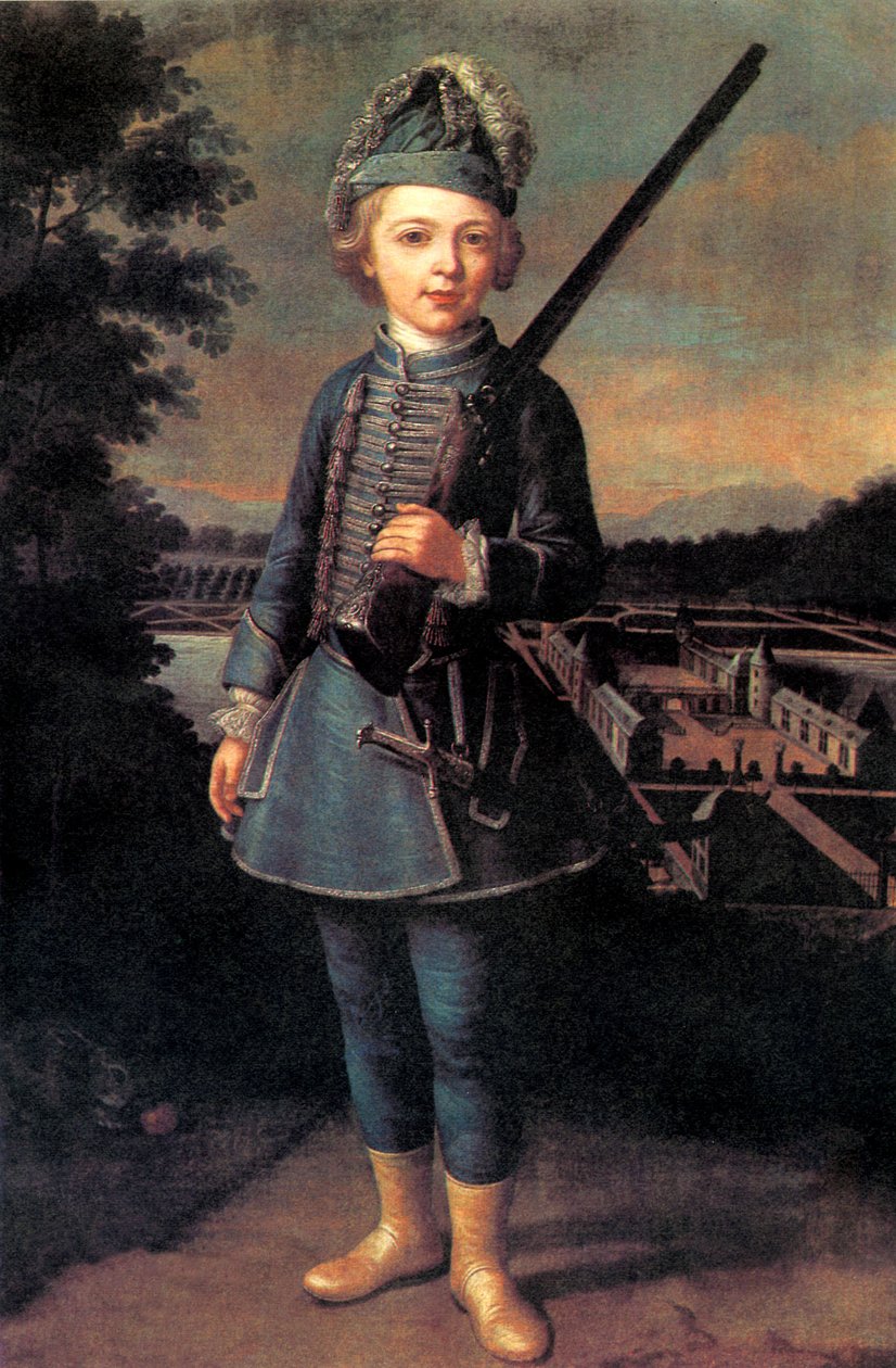 Charles-Joseph de Ligne rundt 10 år i fantasiuniform, foran Beloeil slott av Unknown artist