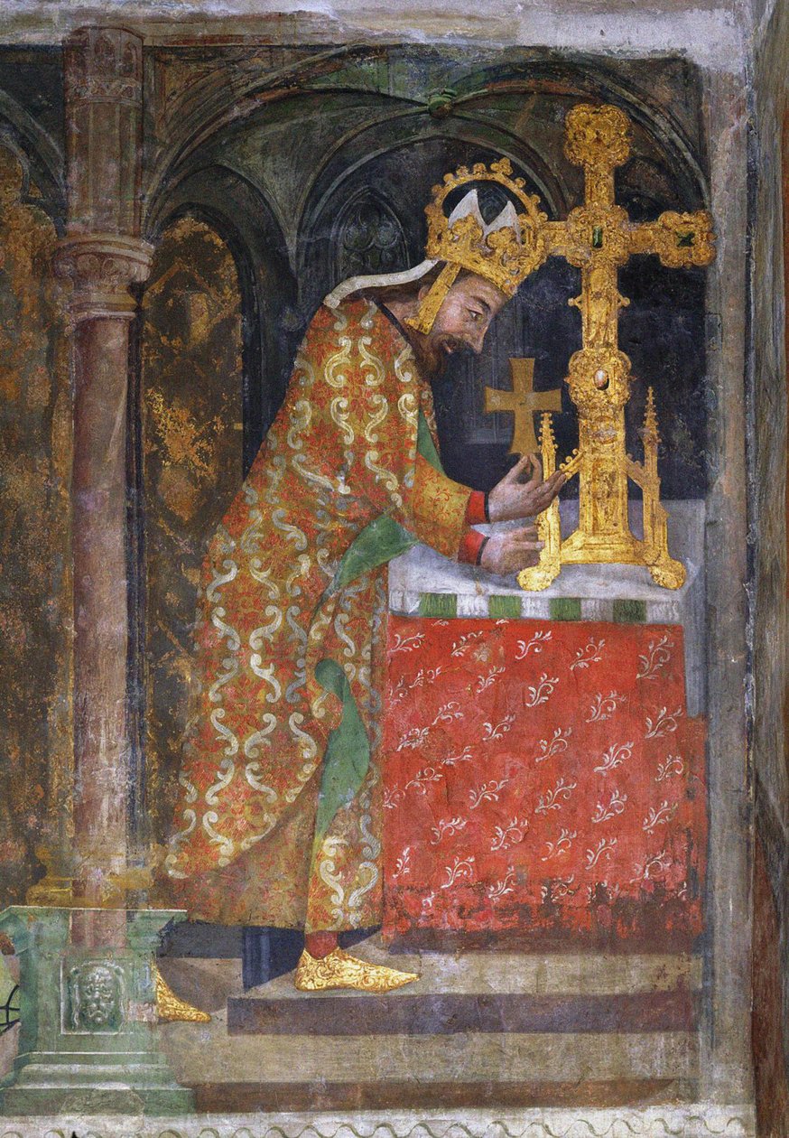 Charles IV av Luxembourg (1316-1378), romernes keiser, plasserer et fragment av Det hellige kors i et relikvieskrin - Karl IV plasserer en splint av det hellige kors i et relikvieskrin - Anonym. Fresco, ca. 1360. Nasjonalgalleriet, Praha av Unknown artist