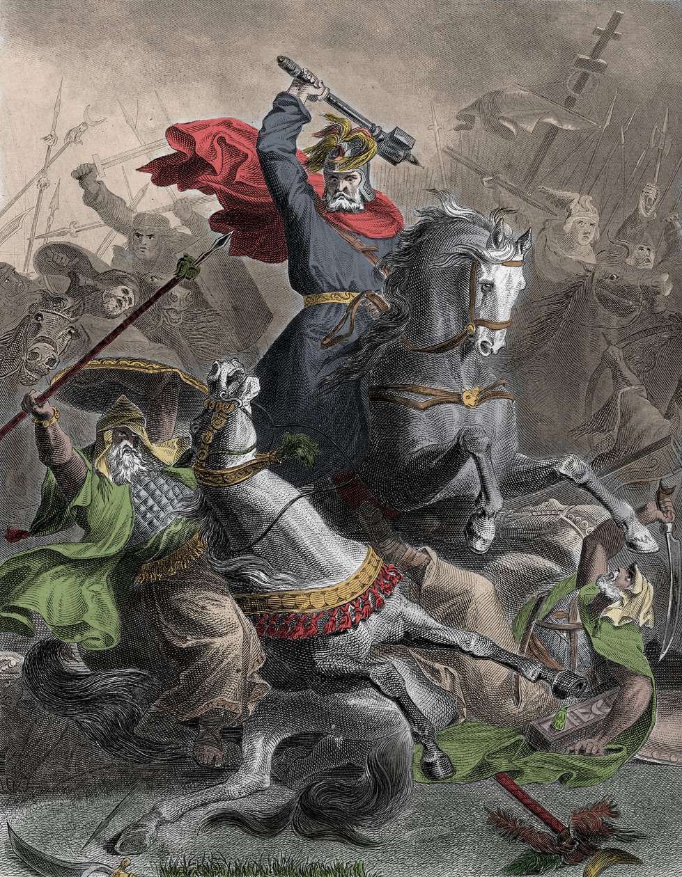 Charles Martel (690-741) leder frankerne til kampen mot den arabiske invasjonen i Tours (Frankrike), 732 (Slaget ved Poitiers) - Colorisee-gravering 1800-tallet - Charles Martel leder frankerne mot arabiske inntrengere i Tours, Frankrike, 732 e.Kr. - av Unknown artist