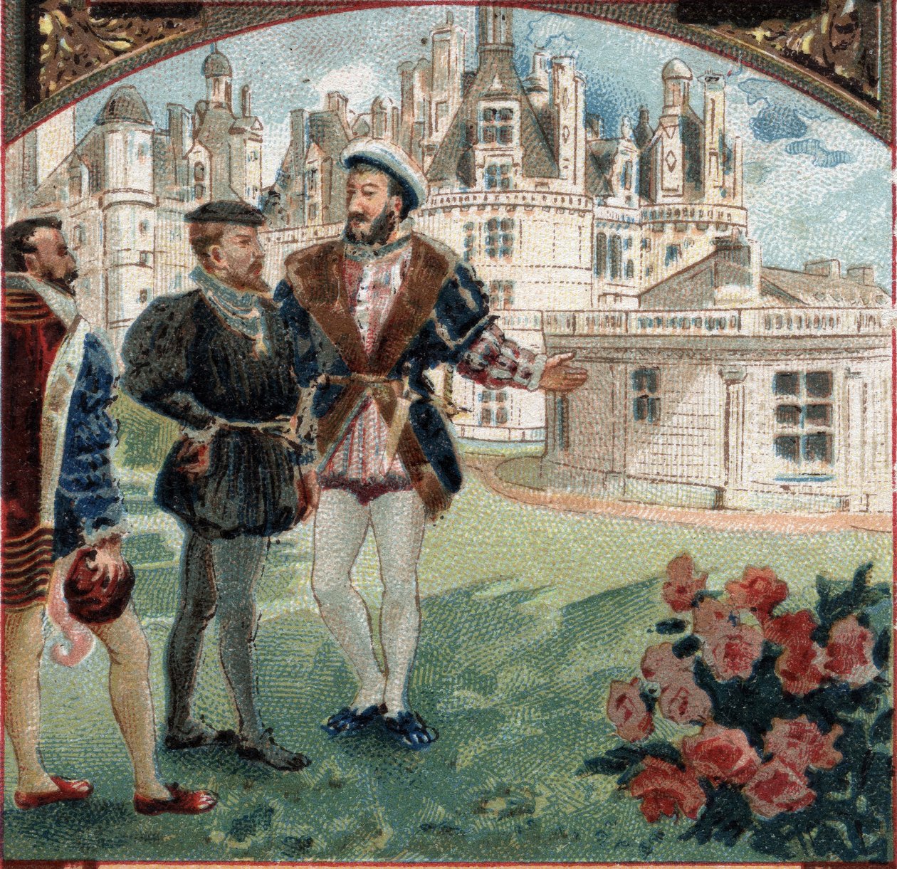 Charles V mottatt av Francois I på Chateau de Chambord. Kromolitografi fra slutten av 1800-tallet av Unknown artist