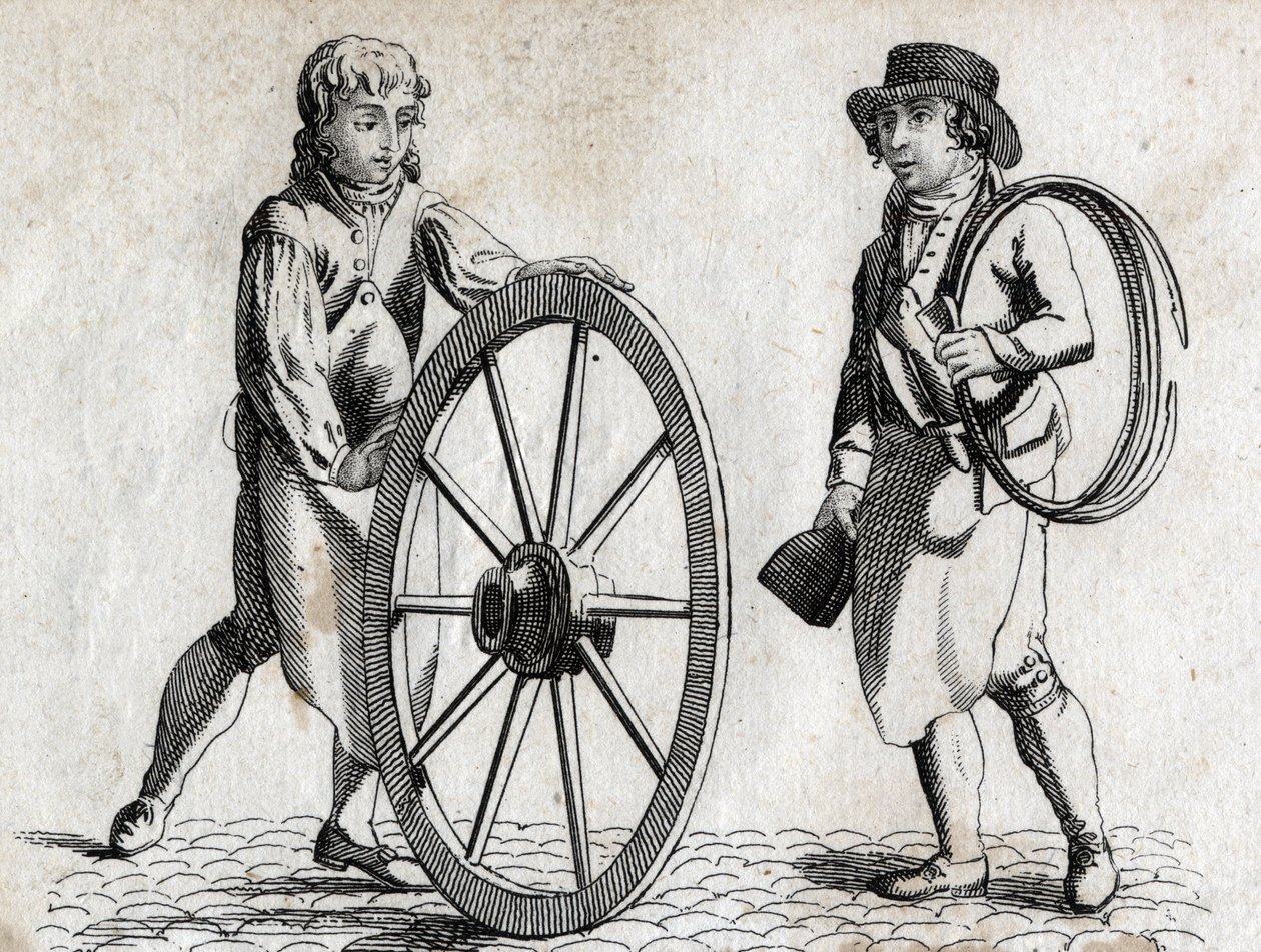 Charron with cart wheel and apprentice Engraving late 18th century. av Unknown artist