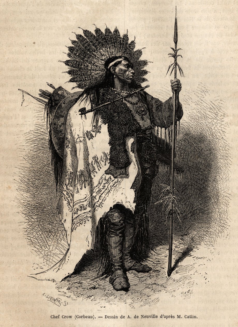 Chief Yellow Moccassin, fra Crow Indian-stammen, som bor langs Lewis River. Gravering for å illustrere en utflukt blant indianerstammene i bassengene i Colombia og Upper Missouri, av G. Catlin, i 1855, publisert i "" le tour du monde", under av Unknown artist