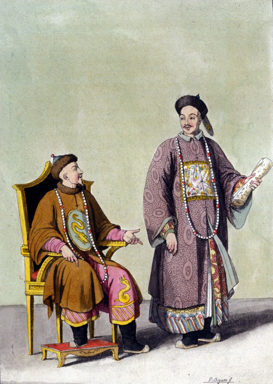 Kinesisk tartarkeiser med sin mandarin – i” Le costume ancien et moderne”” av J. Ferrario, red. Milan av Unknown artist