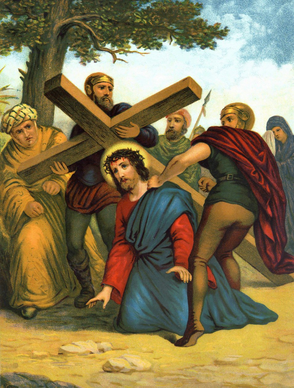 Kromolitografi fra slutten av 1800-tallet som skildrer Kristi liv: Jesus faller først under korset. av Unknown artist