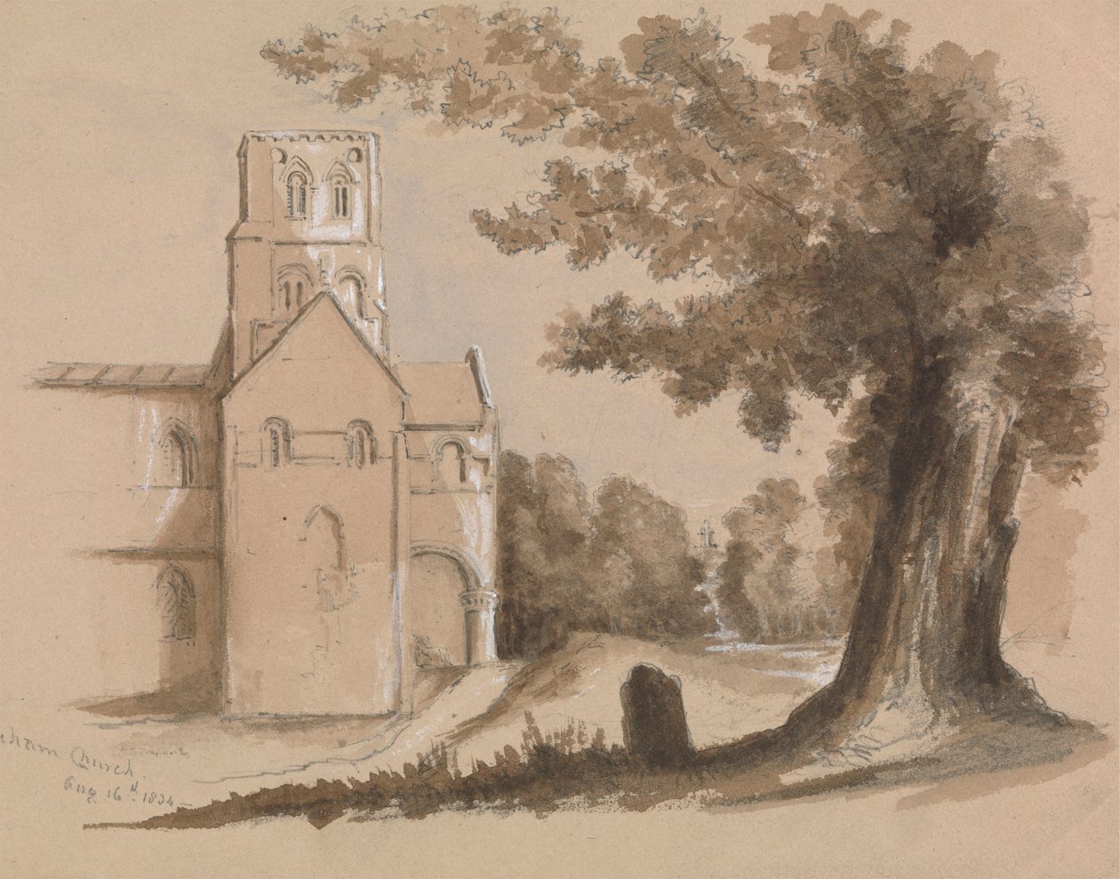 Kirke med tre og gravstein i forgrunnen av Unknown artist