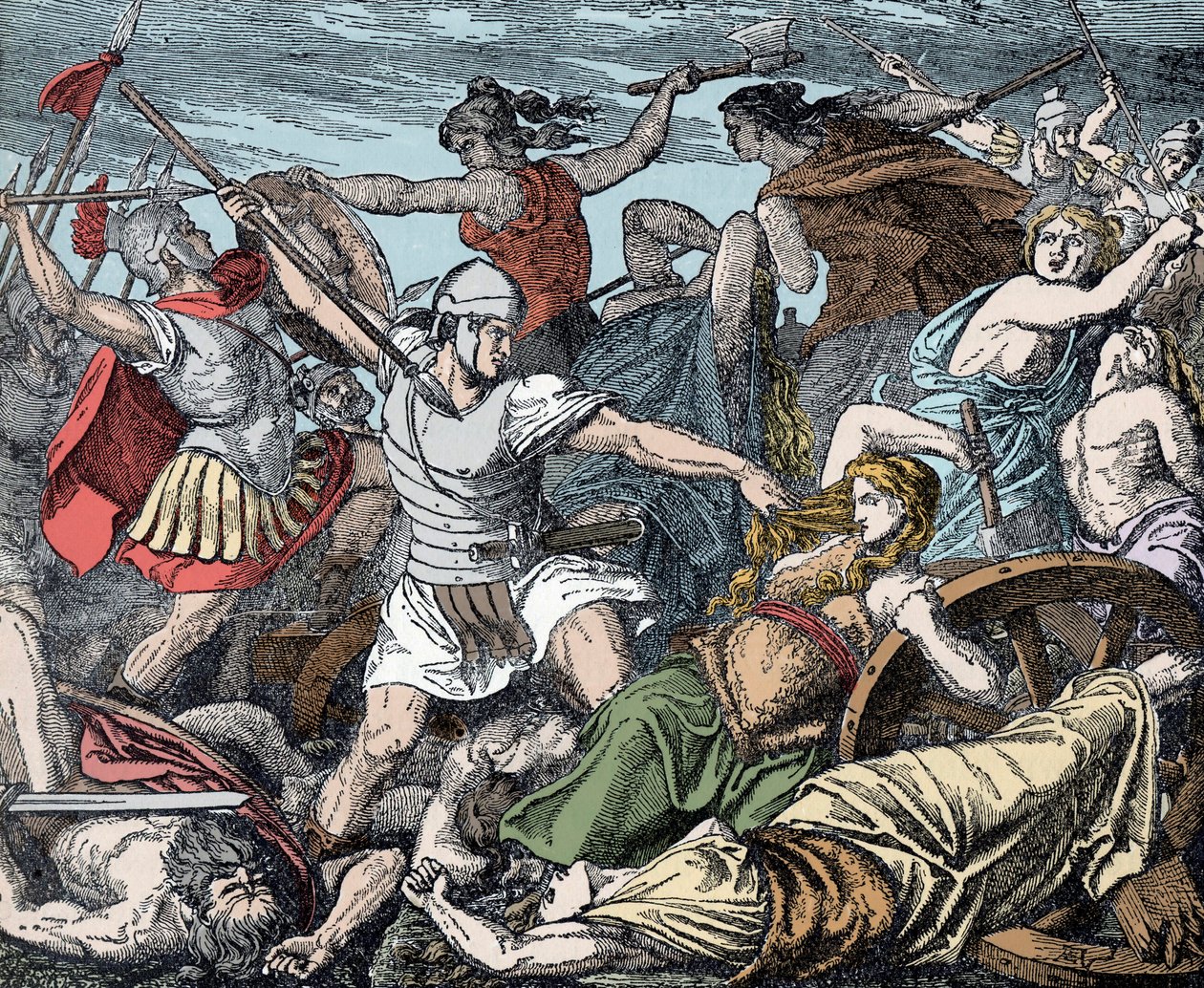 Cimbric Women Defend their Wagon Fort - Roman Antiquite, Cimbres War: ofringen av Cimbres kvinner mot romerske soldater av Unknown artist