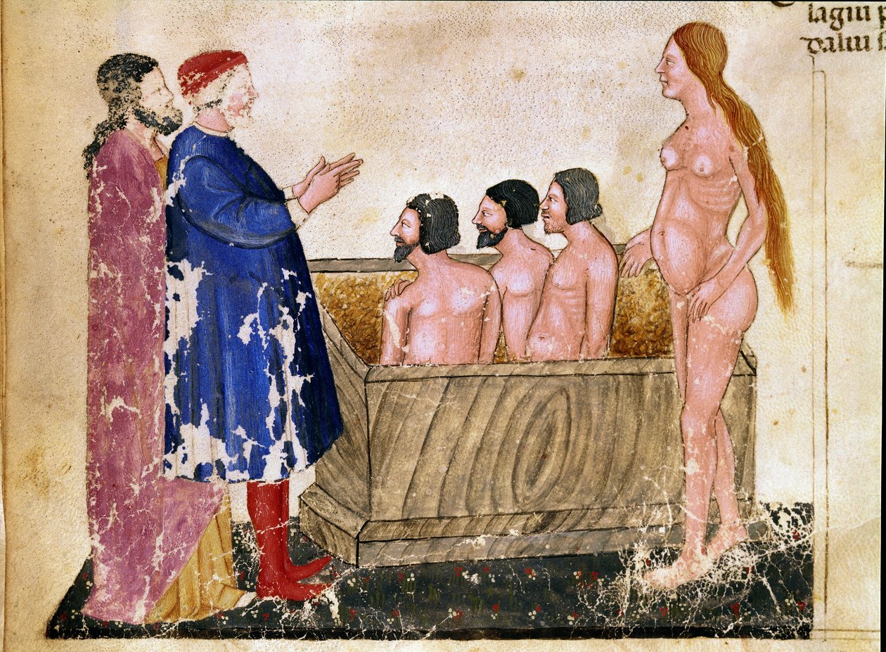 Circle of Adulators: Dante og Virgil møter Alessio Interminelli (eller Intermineii), Lord of Lucca og den prostituerte Thais. Opplyst side som illustrerer den 18. helvetesangen fra "Divina Commedia" av Dante Alighieri (1265-1321). 1300-tallet, Ve av Unknown artist