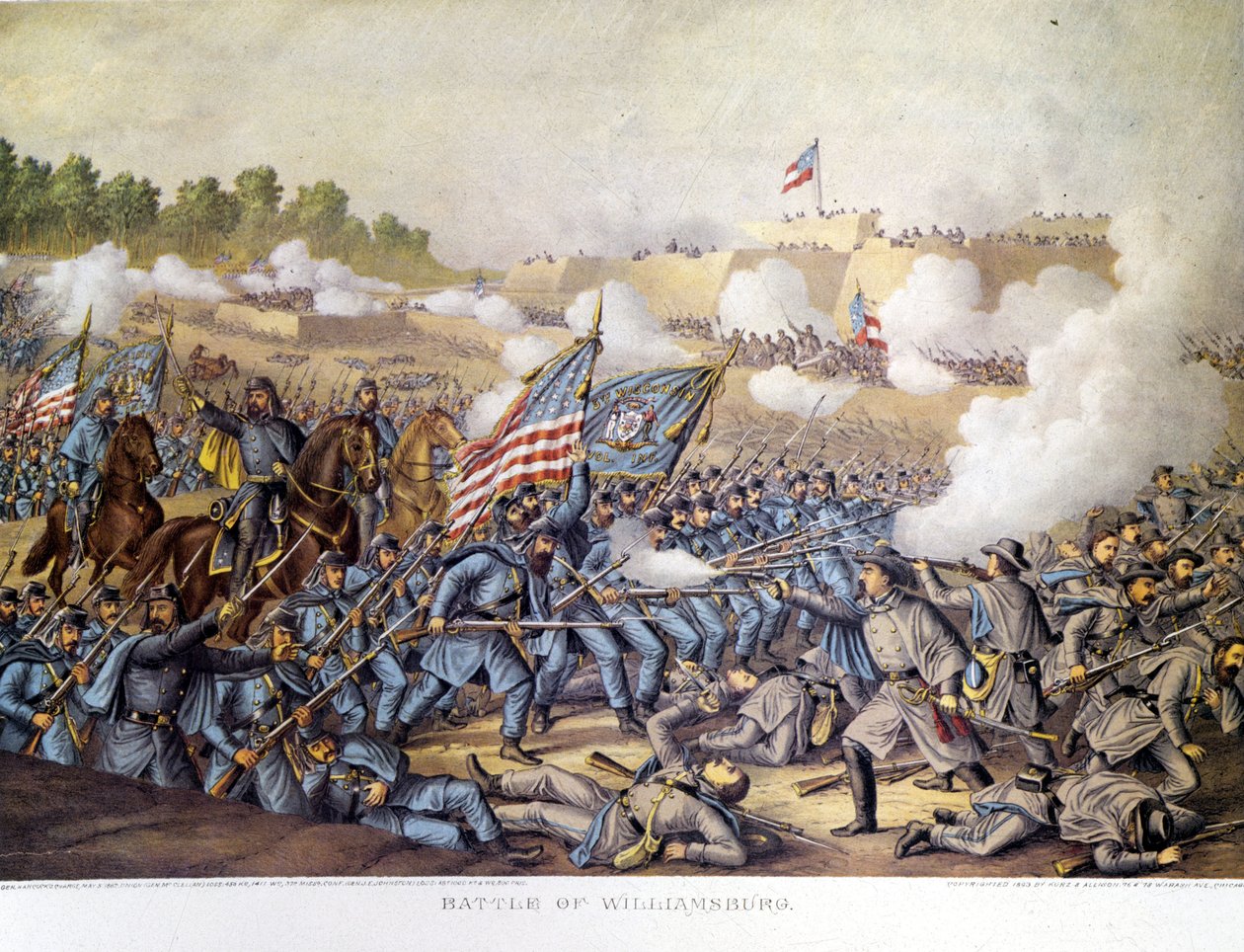Borgerkrig (1861 - 1865), amerikansk borgerkrig: 05/05/1862. Slaget ved Williamsburg. Gravering. av Unknown artist