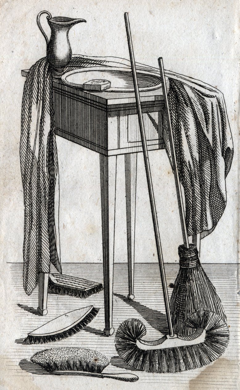 Tilbehør til rengjøring og rengjøring: såpe, servant, kost og børster. Sluttgravering av 1700-tallet. Privat samling. av Unknown artist