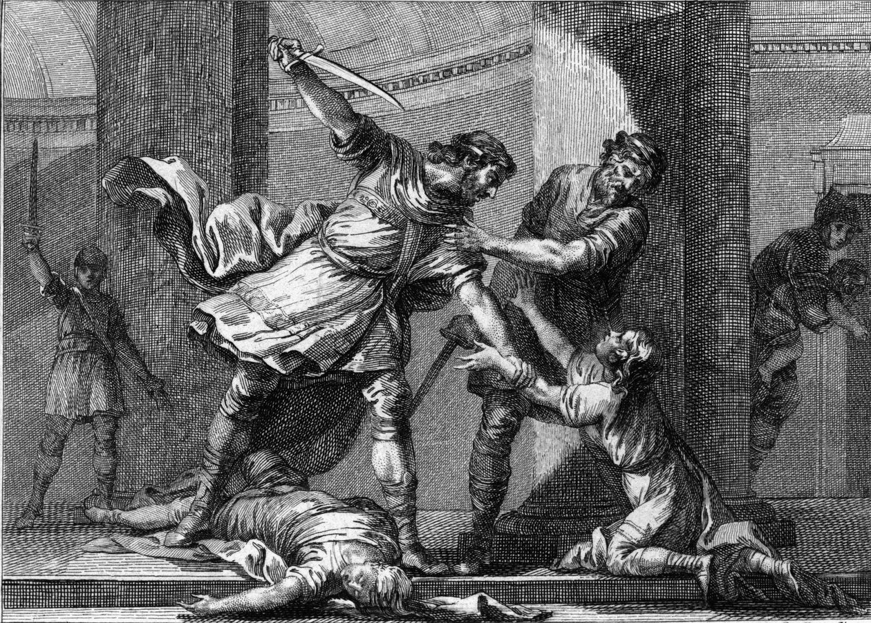 Clotaire (Clothaire) I (v.497-561) og Childebert I, de frankiske kongene, myrdet to sønner av deres bror Clodomir (495-524). Gravering fra 1700-tallet. av Unknown artist