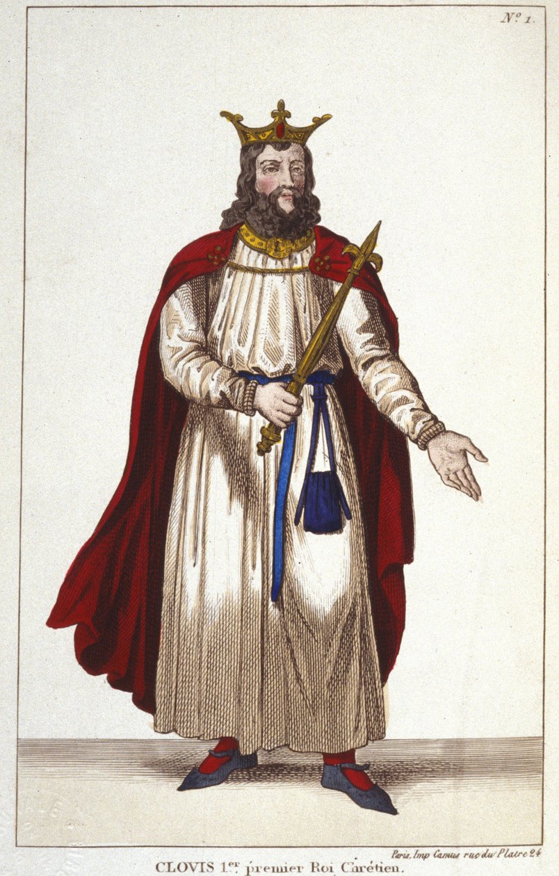 Clovis I (466-511), kongen av frankerne, Merovinger-dynastiet, gravering 1830 av Unknown artist