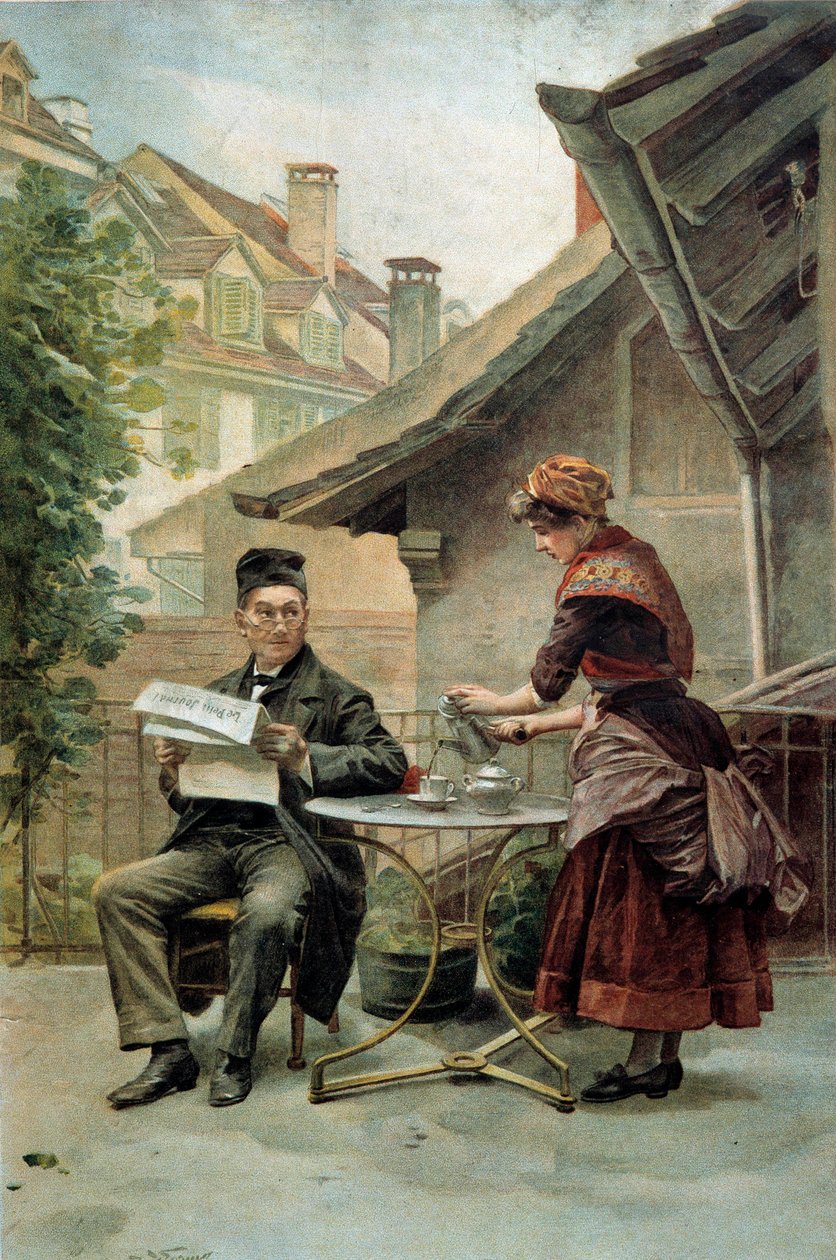 Kaffetime: en gammel mann som sitter ved et bord og leser "Lille avisen" blir servert av en tjener. Akvarell fra 1800-tallet. Paris, dekorativ kunst av Unknown artist