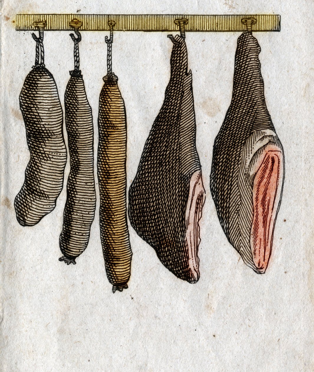 Pålegg: Påleggskroker med skinkekjøtt og suspendert pølse. Sluttgravering av 1700-tallet. Privat samling. av Unknown artist