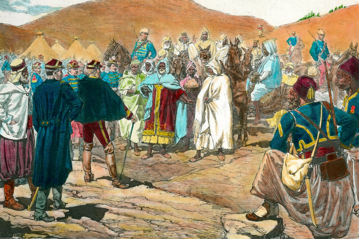 Kolonialisme: Tunisiske stammeledere kommer til parlamentet. Gravering av privatsamlingen fra 1800-tallet av Unknown artist