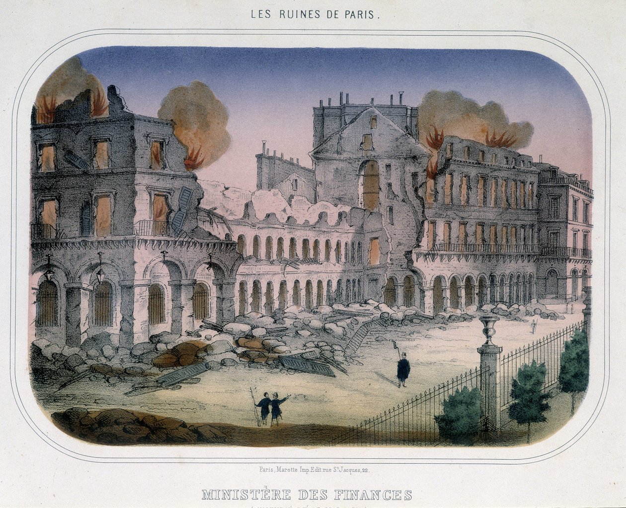 Commune de Paris: Brann i Finansdepartementet (på Tuilerienes tid) 24. mai 1871. Gravering fra 1800-tallet. av Unknown artist