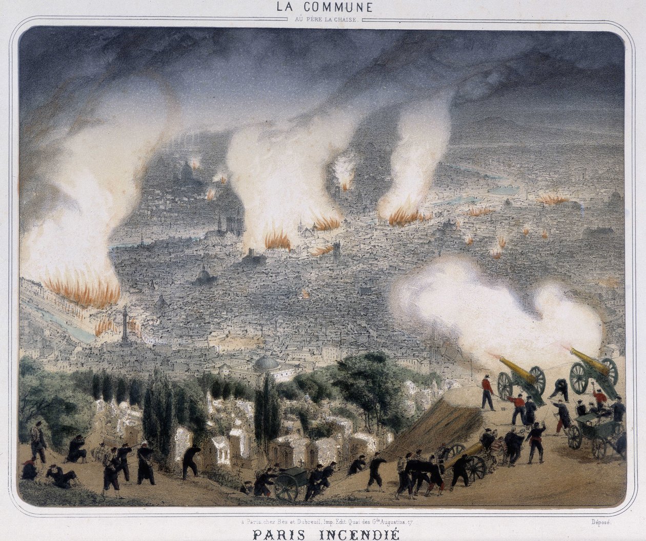 Paris kommune: Paris brann. Communards skyter kanoner mot Paris. 1871. av Unknown artist