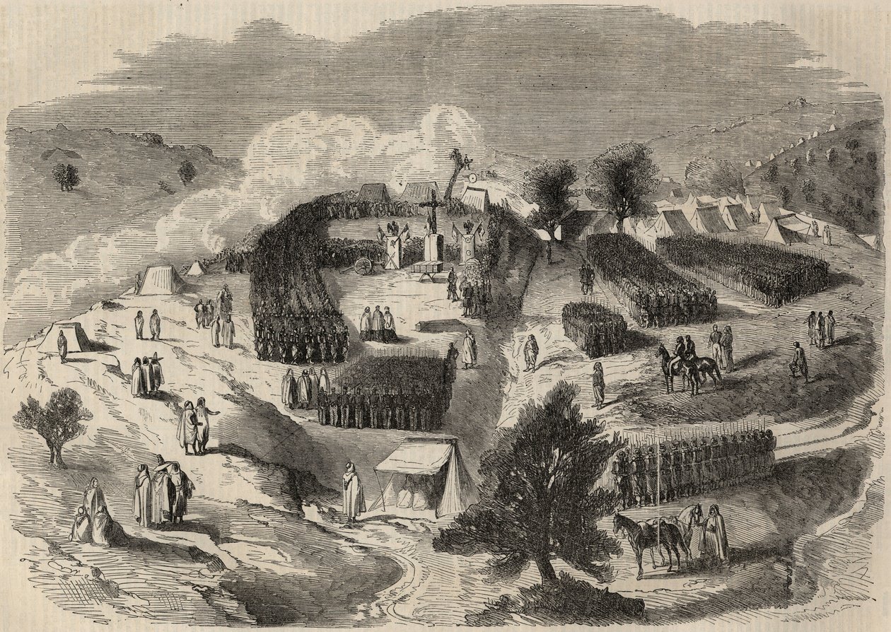 Conquete de Algerie: ekspedisjon til Great Kabylia i 1857, legging av den første steinen til Fort Napoleon i Souk-el-Arba (Souk el Arba). Gravering i “Le Monde illustrious”” fra 1857. Privat samling. av Unknown artist