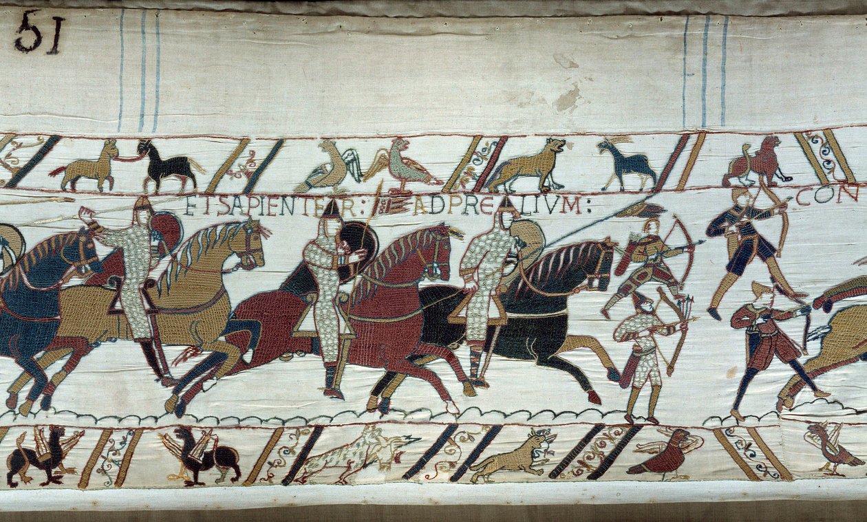 Erobringen av England av hertugen av Normandie Vilhelm Erobreren (1027-1087) i 1066: begynnelsen av slaget ved Hastings Detalj av Bayeux-teppet eller broderi av dronning Mathilde av Unknown artist