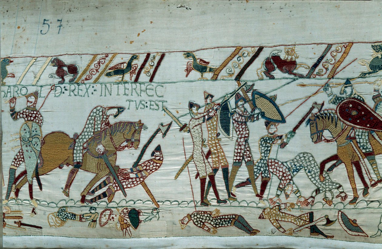 Erobringen av England av hertugen av Normandie Vilhelm Erobreren (1027-1087) i 1066: kong Harold IIs død med en pil i øyet i slaget ved Hastings. Detalj av billedvev av Bayeux eller broderi av dronning Mathilde av Unknown artist