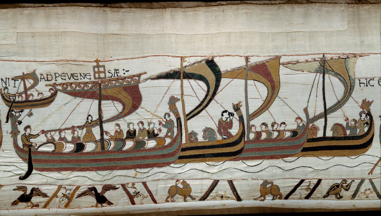 Erobring av England av den normanniske hertugen Vilhelm Erobreren (1027-1087) i 1066: den normanniske flåten nærmer seg den engelske kysten ved Pevensey. Detalj av Bayeux-teppet eller broderi av dronning Mathilde av Unknown artist