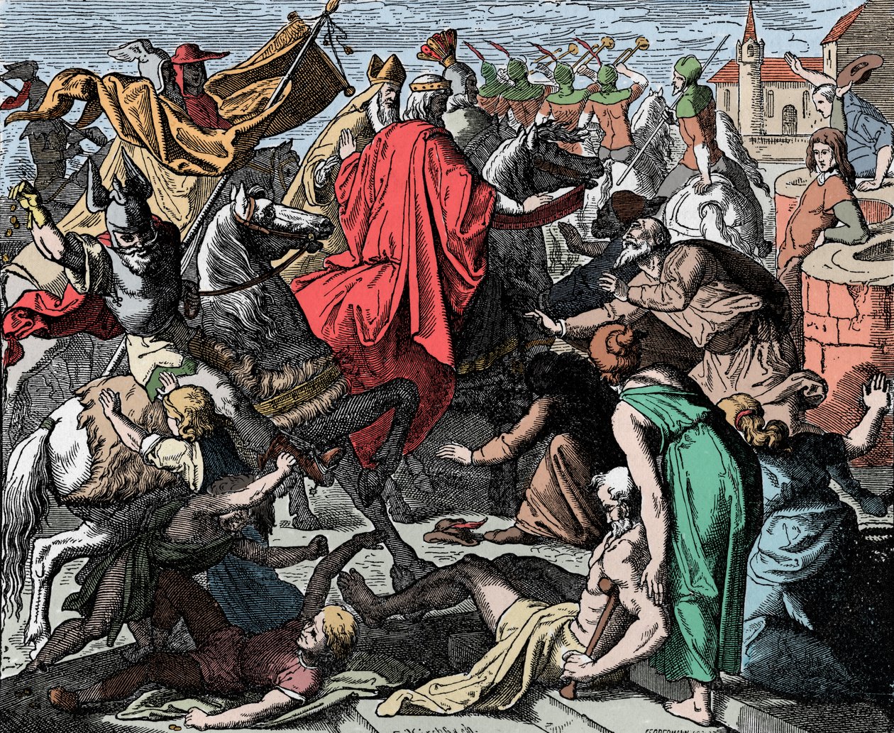 Conrad I den yngre fortsetter til kroning - Conrad I av Germania (død 918) ble kronkonge av Vest-Frankrike i 911 - Tresnitt av Carl Ferdinand Obermann (1823-1910), av Unknown artist