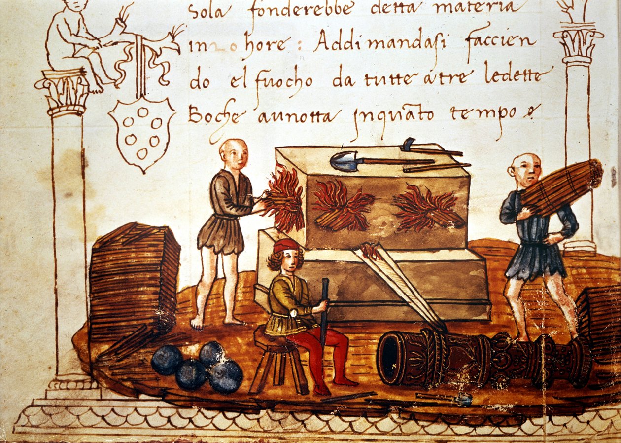 Konstruksjon av en bombe (morter) på 1400-tallet. Fra boken om matematikk av Giuliano de 'Medici (Julien de Medicis) Florence Biblioteca Riccardiana. av Unknown artist