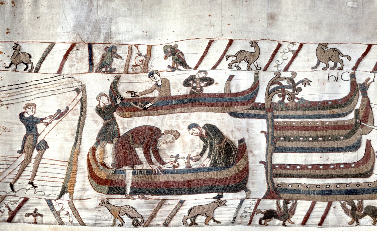 Bygging av skip etter ordre fra Guillaume - Bayeux-teppet, kjent som Broderi av Dronning Mathilde av Unknown artist