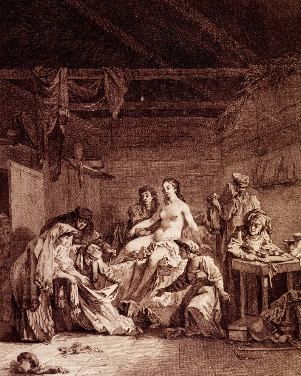 Kontroll av deflorering etter et bryllup i Russland. Dette sjekket at ekteskapet var fullbyrdet. Gravering fra 1700-tallet. av Unknown artist