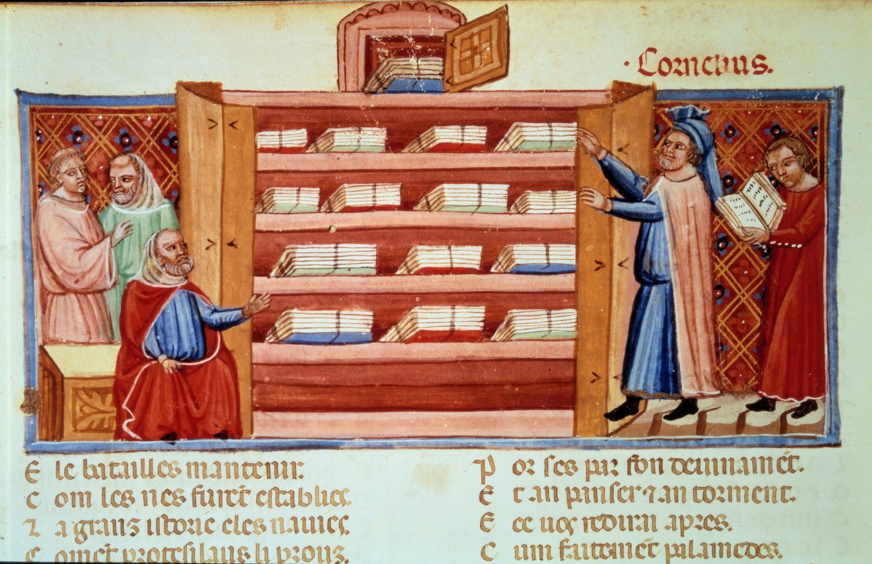 Cornelius Nepos, romersk biograf (100-v.25 f.Kr.), oppdager i en garderobe historien til Troy of Dares the Phrygian. Miniatyr i "" Le Roman de Troie"" (Folio 2v) av Benoit de Sainte-Maure (1100-tallet) av Unknown artist