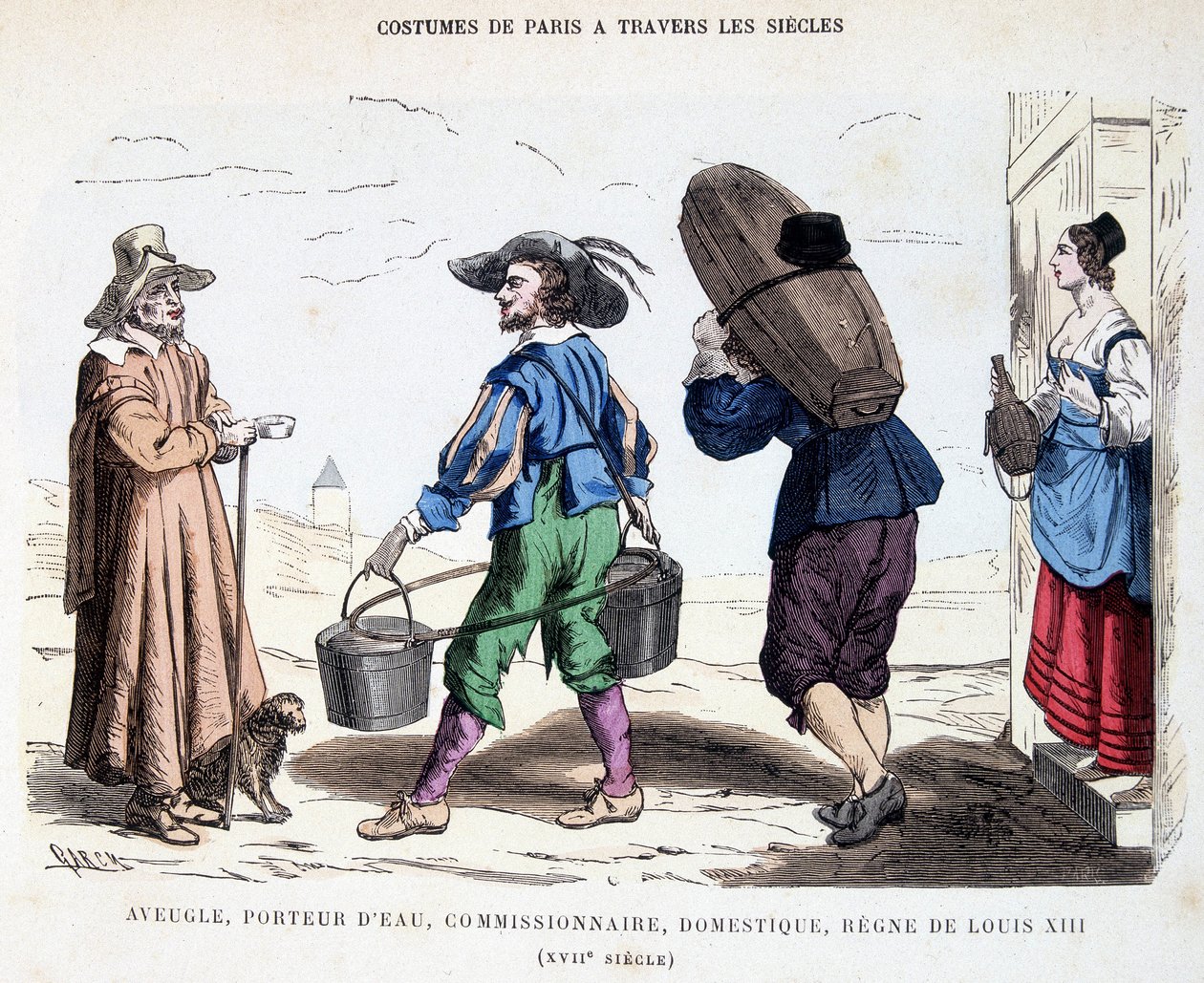 Kostyme til en blind mann, en vannbærer, en kommisjonær, en tjener på 1600-tallet under Ludvig XIIIs regjeringstid. I Costumes of Paris gjennom århundrene. av Unknown artist