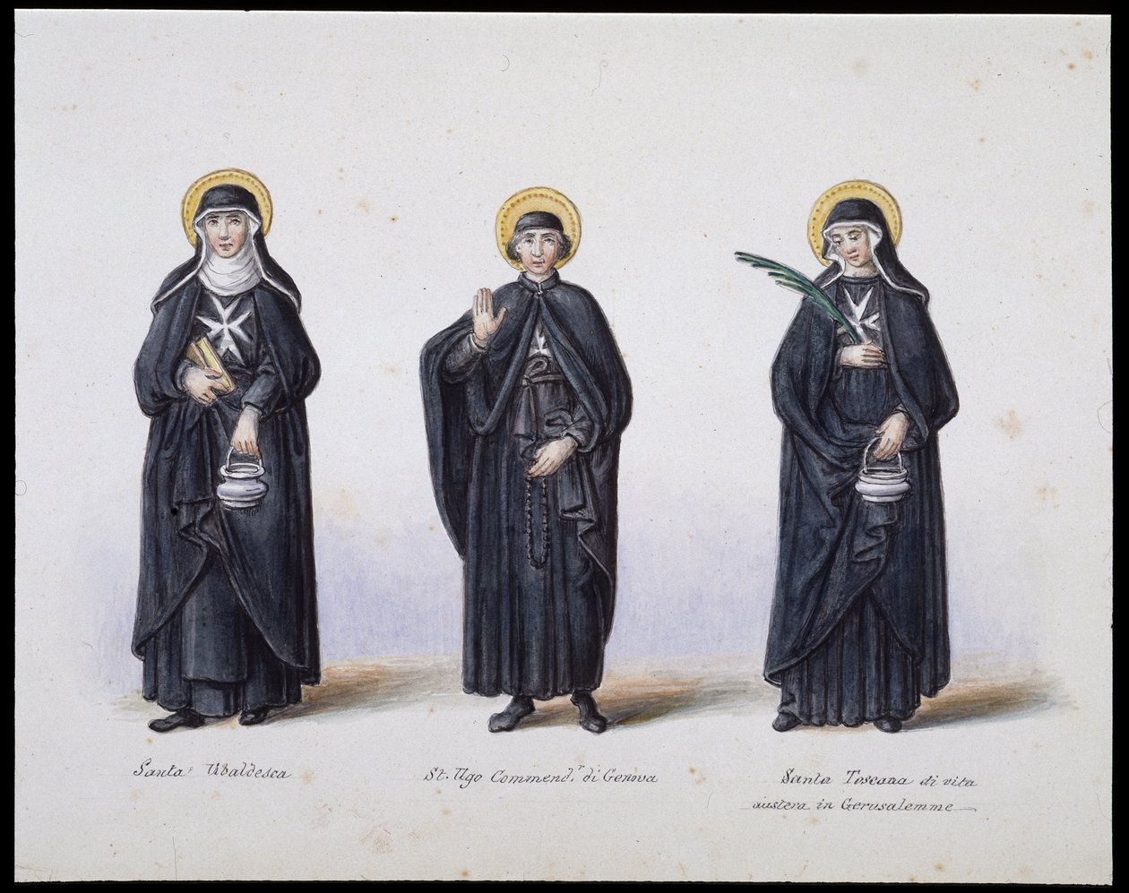 Kostymer: 1. Santa Ubaldesca, 2. St Ugo di Genova, 3. Santa Toscana di Vita. sd. 1800-tallet. av Unknown artist