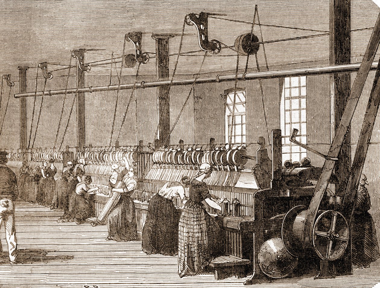Bomullsvevverksted. 1860 gravering. av Unknown artist
