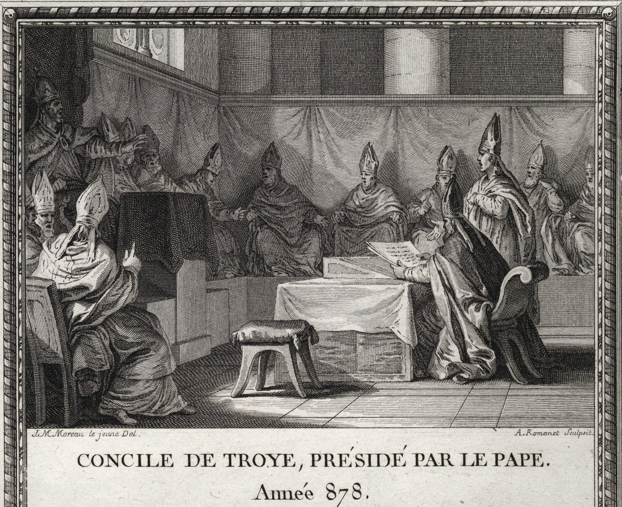 Konsilet i Troye 7. september 878. I mai 878 kom pave Johannes VIII truet av sarasenere og italienske adelsmenn for å søke tilflukt i Arles under hertug Boson og hans kone Ermengarde. Han følger ham i Troyes eller organiserer et stort råd. av Unknown artist