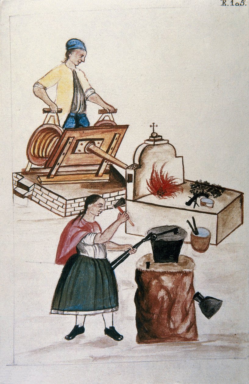 Et par Moyobamma metisses arbeider jern i en smie, fra boken "Trujillo del Peru" eller "Códice Martínez Compañón", av Baltazar Martinez Compañón y Bujanda, biskop av Trujillo (1782-1785) av Unknown artist