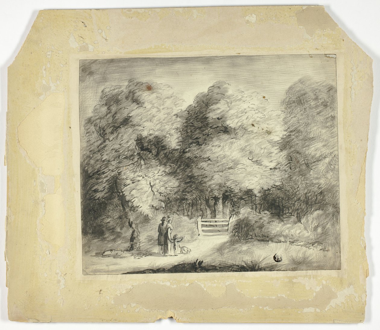 Par med barn og hund ved inngangen til parken av Unknown artist