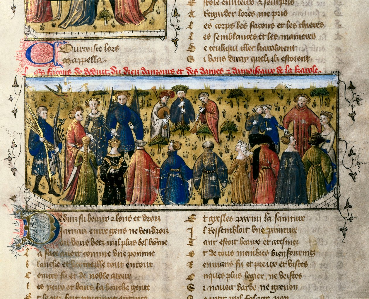 Rettsunderholdning: dans og spill. Scenen finner sted i nærvær av gudene kjærlighet, skjønnhet, levering, franchise, høflighet og ungdom. Miniatyr fra "" The Roman of the Rose ". Valencia fra 1300-tallet. Universitetsbiblioteket. ©AISA/Leemage av Unknown artist