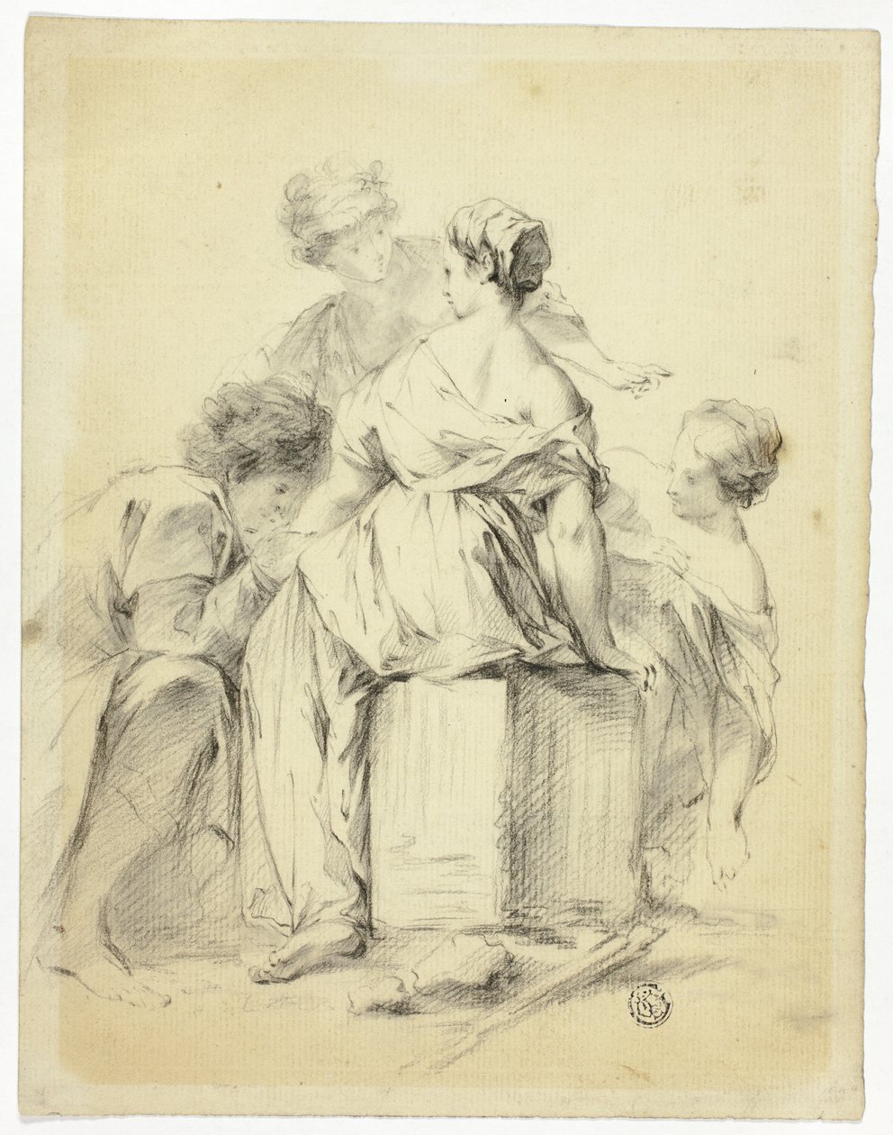 Frieriscene med ungdom og tre jomfruer av Unknown artist