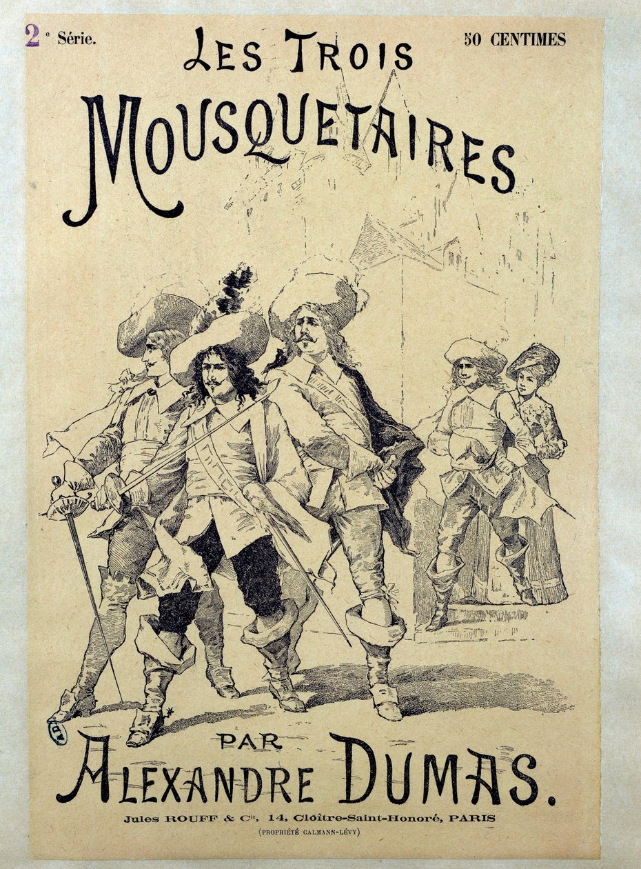 Omslag til en 1800-tallsutgave av "The Three Musketeers" av Alexandre Dumas (1802-1870), privat samling av Unknown artist